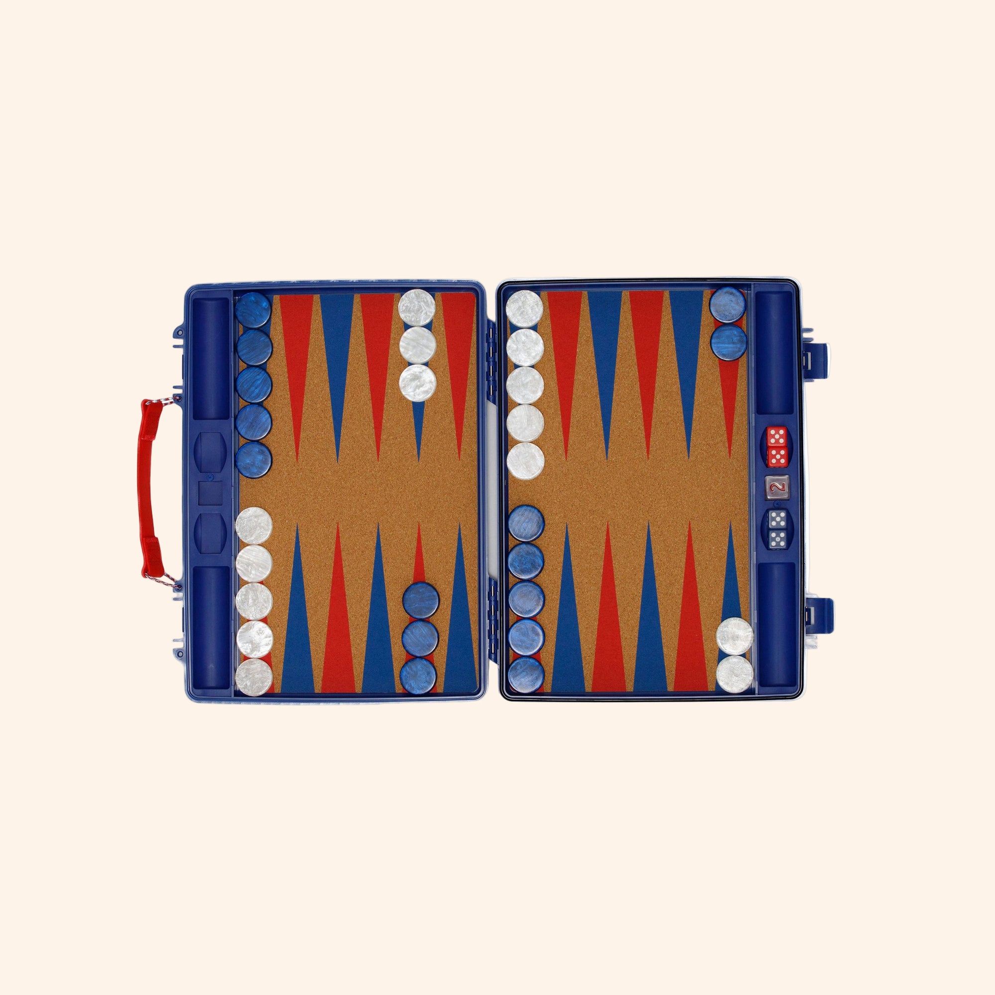 Open blue portable backgammon board with red and blue points, white and blue checkers, dice, and red handle – travel board game set by GAMMN