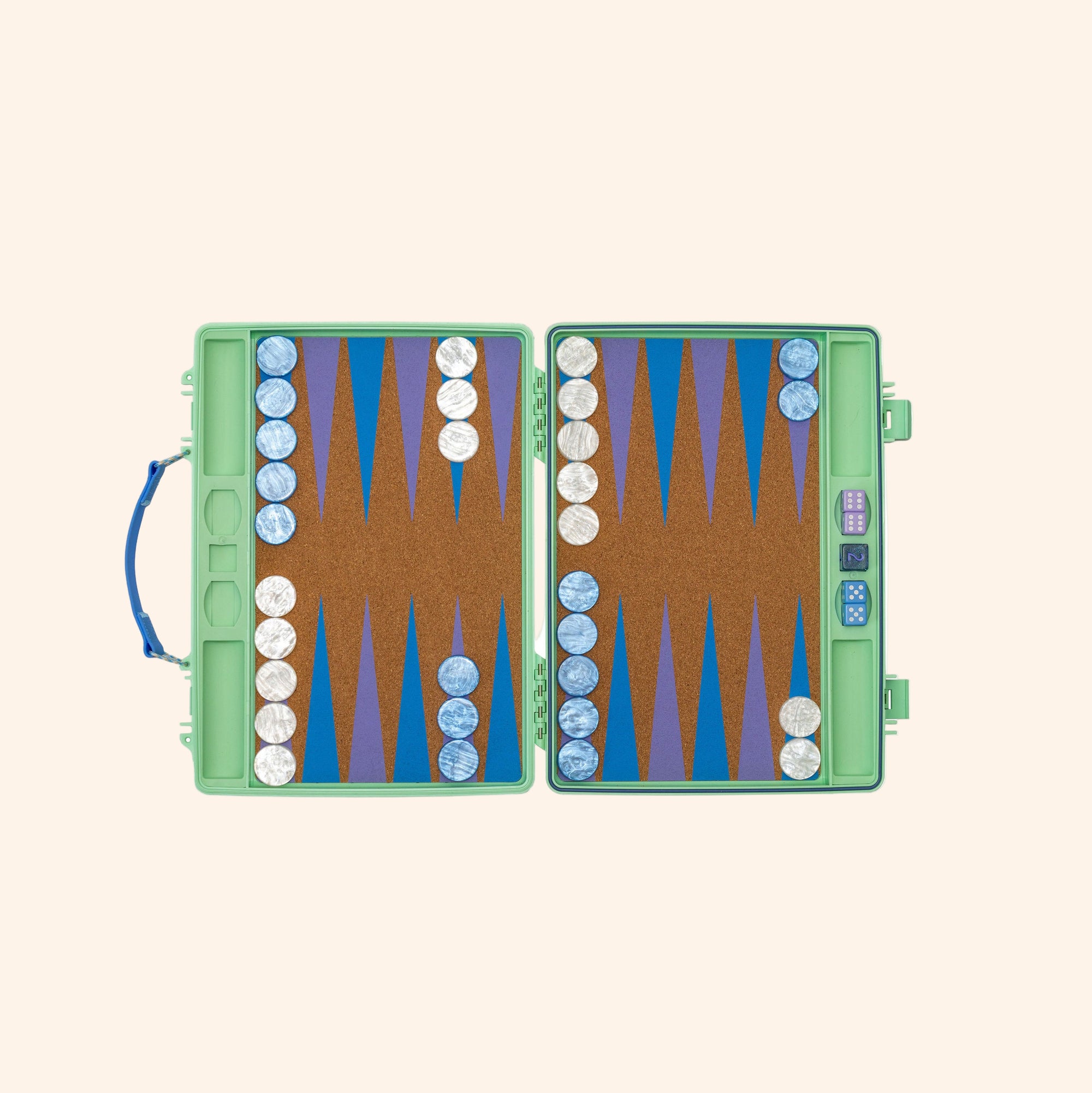 Open mint green portable backgammon board with cork playing surface and blue and brown triangles